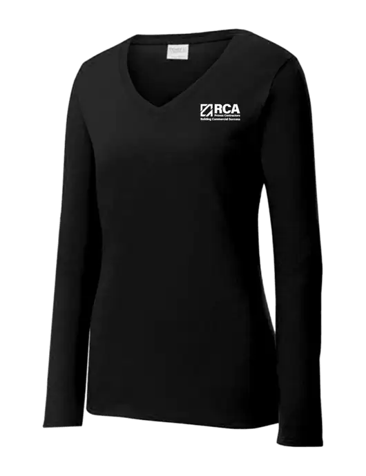 Womens V-Neck Ring Spun Jet Black 4.5 oz Long Sleeve T-Shirt w/RCA Building Commercial Success Logo