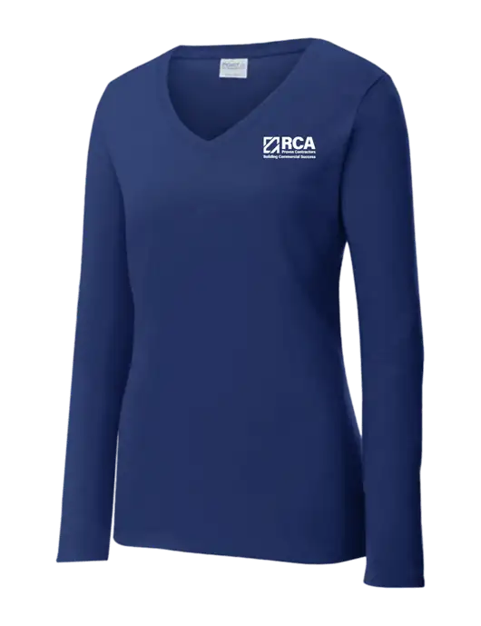 Womens  V-Neck Ring Spun Navy 4.5 oz Long Sleeve T-Shirt w/RCA Building Commercial Success Logo