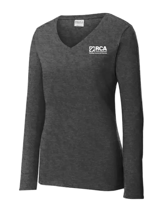 Womens  V-Neck Ring Spun Dark Heather Grey 4.5 oz Long Sleeve T-Shirt w/RCA Building Commercial Success Logo