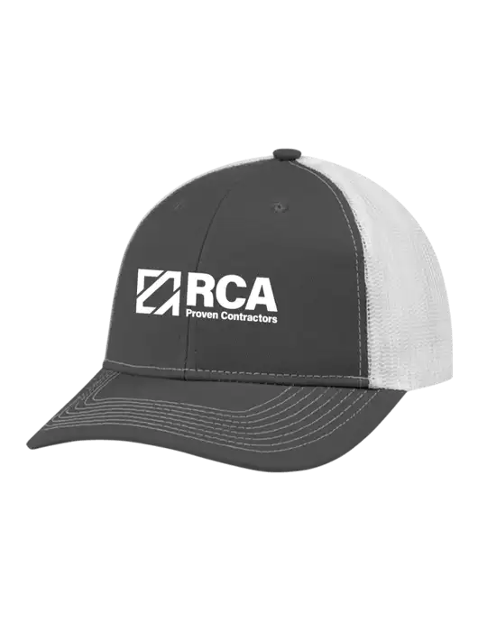 Snapback Ponytail Trucker Cap Dark Grey w/White Mesh w/RCA Logo