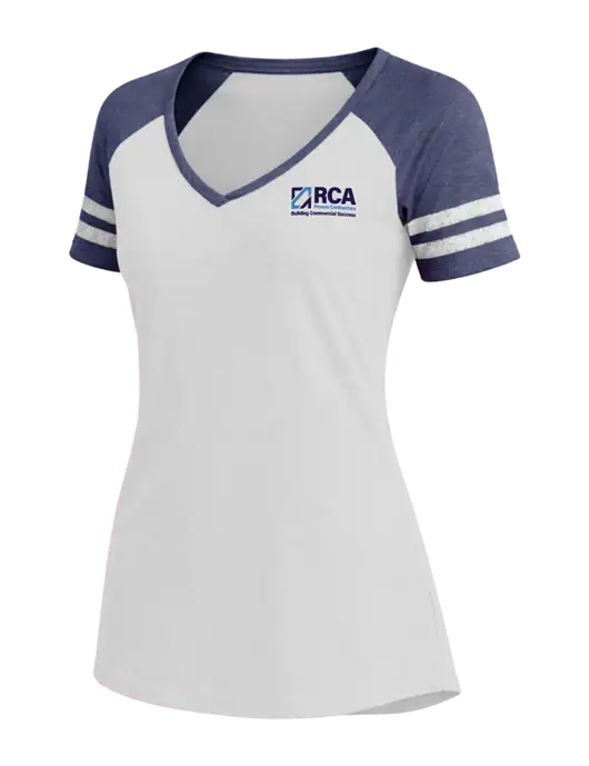 Womens White/Navy Heather V-Neck Game Tee w/RCA Building Commercial Success Logo